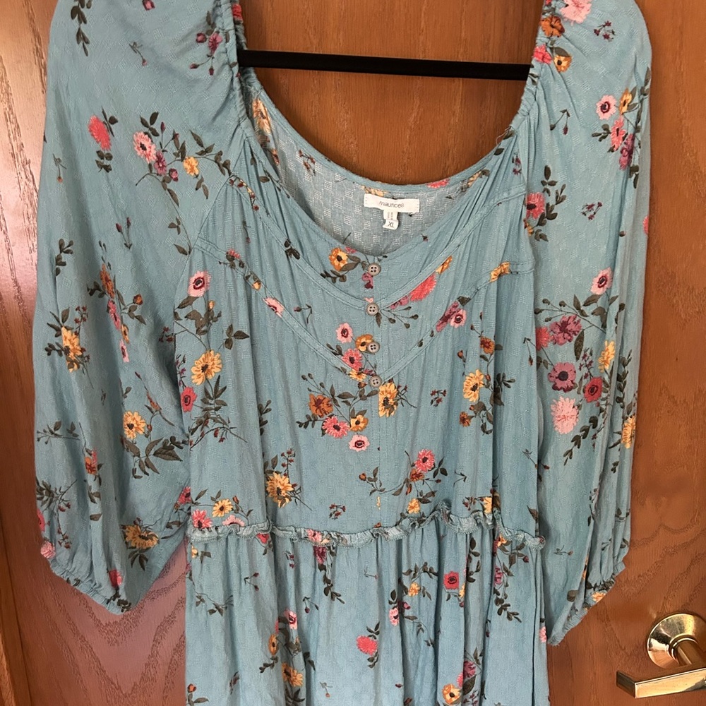 Maurices Teal Floral blouse with Button Detail